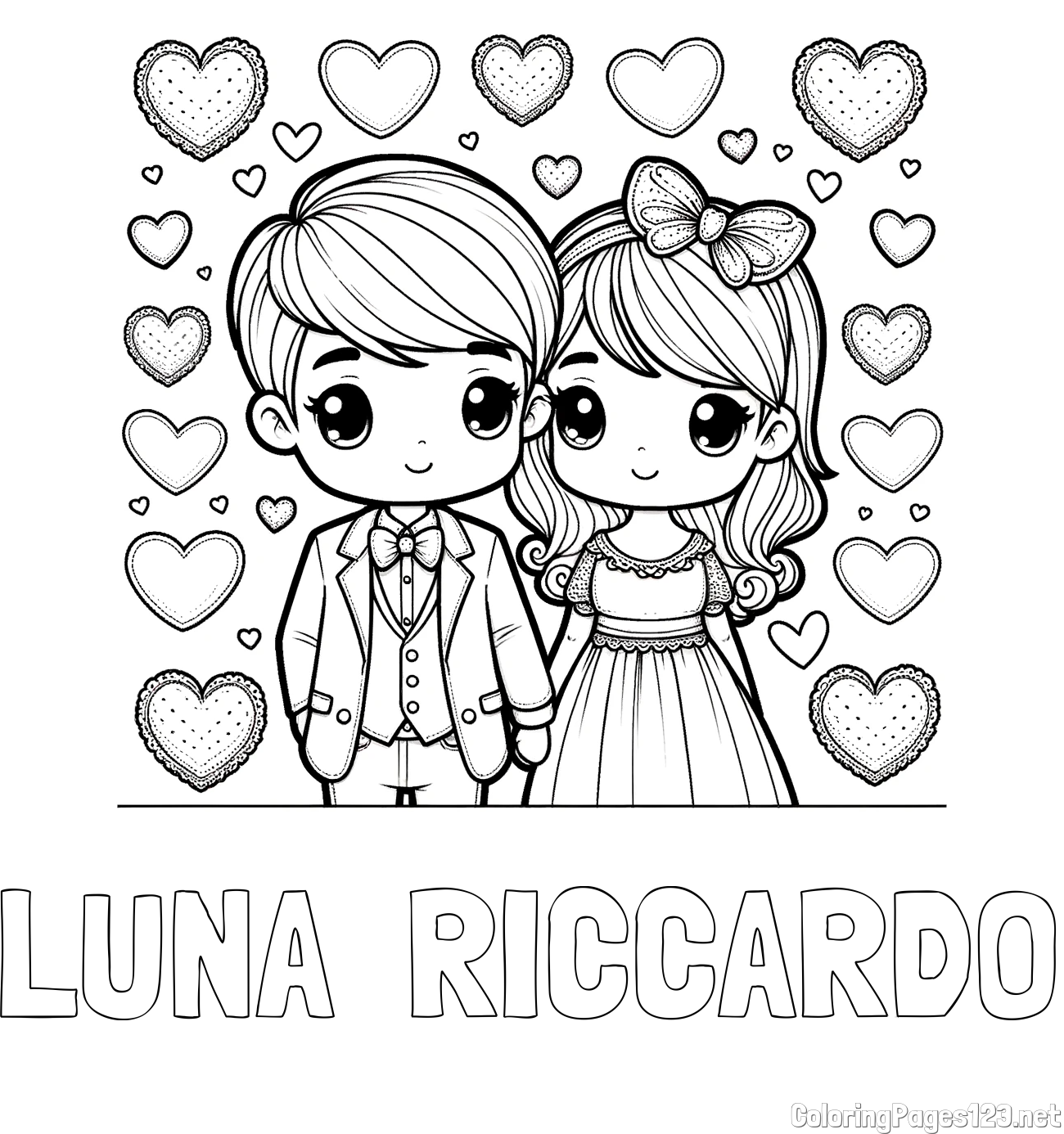 LUNA  RICCARDO Coloring Page and Coloring Page of a Couple Surrounded by Hearts