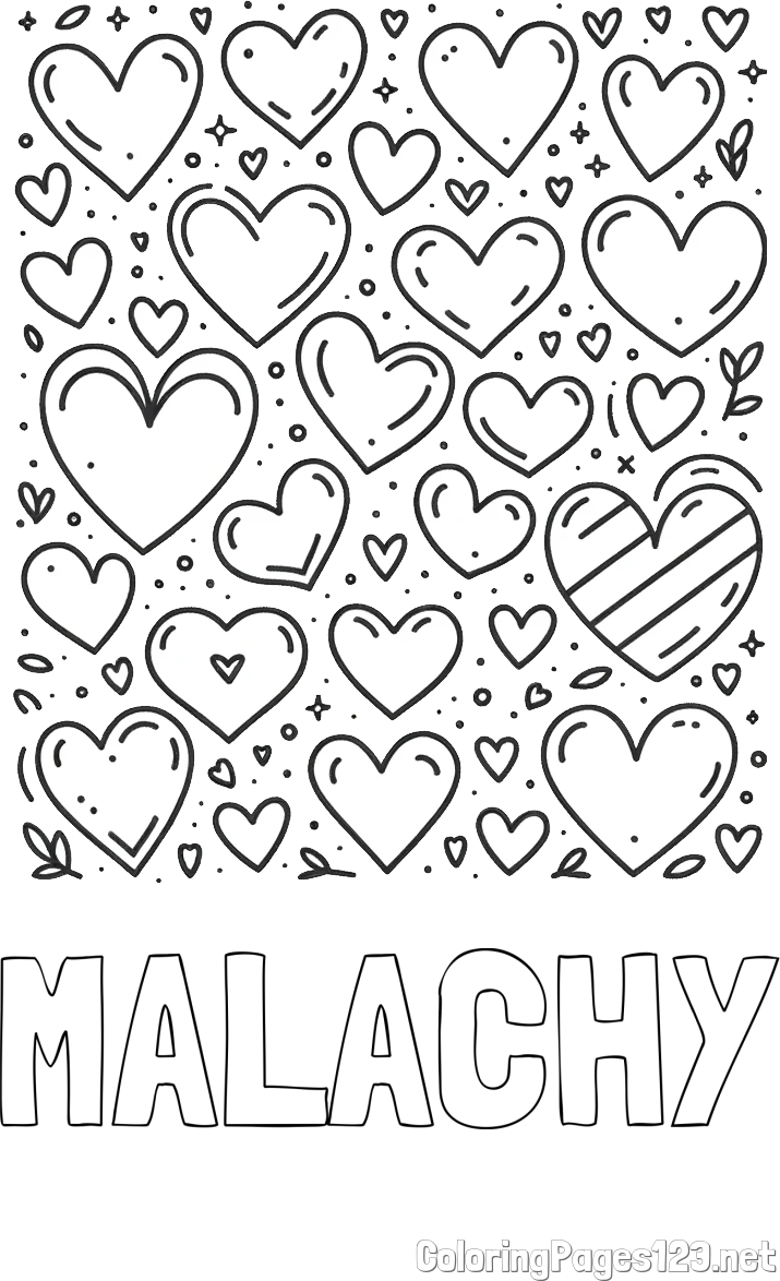 MALACHY Coloring Page and Children's Coloring Page of Many Hearts