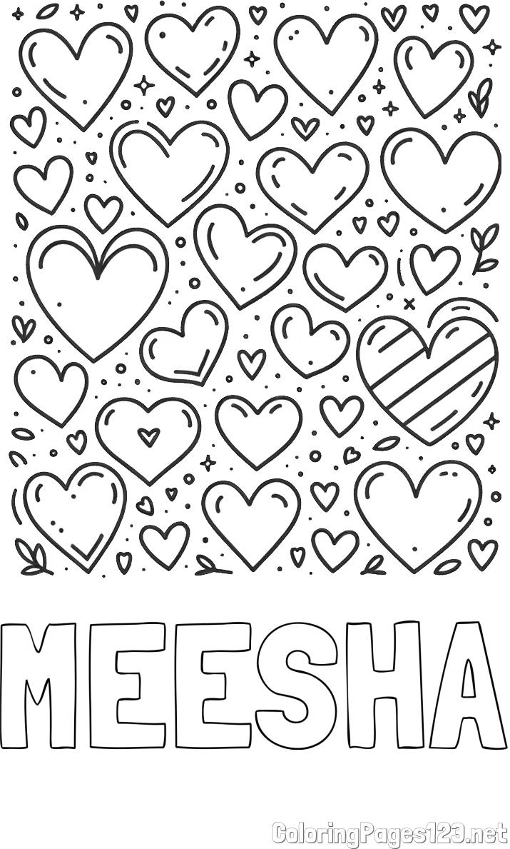 MEESHA Coloring Page and Children's Coloring Page of Many Hearts