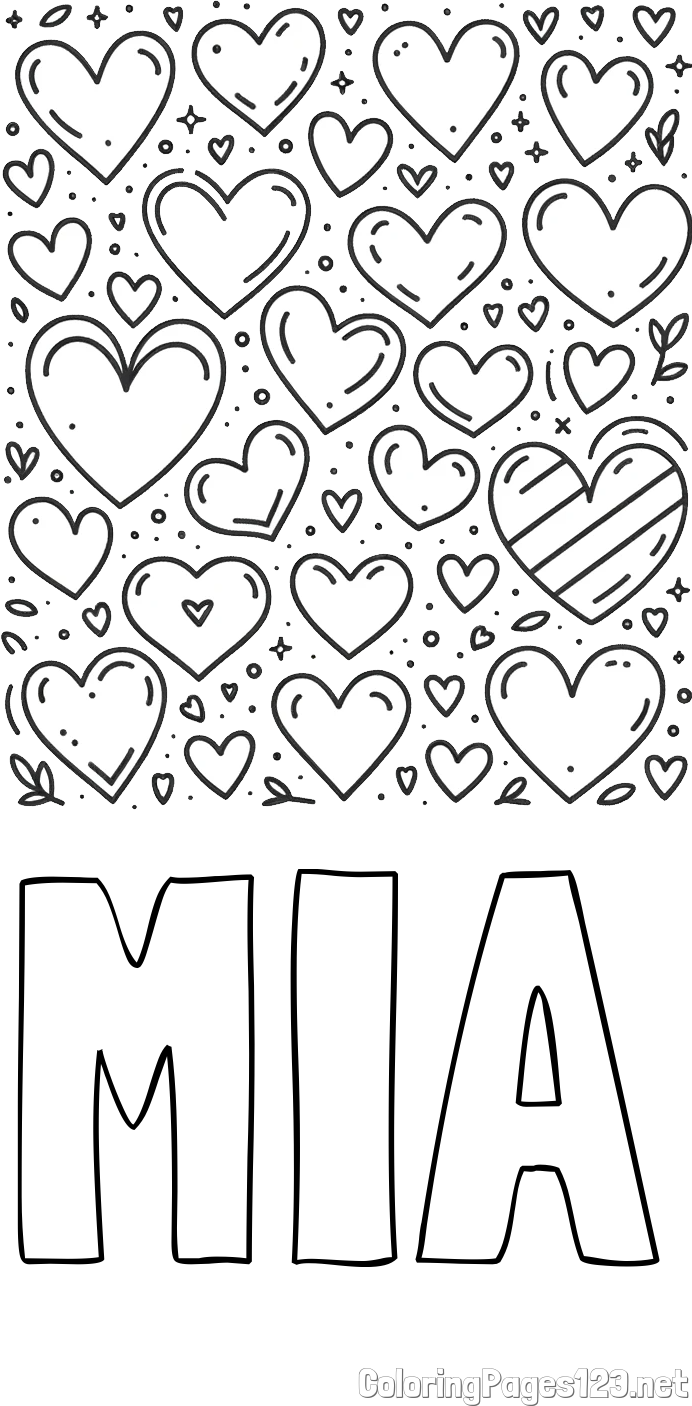 MIA Coloring Page and Children's Coloring Page of Many Hearts
