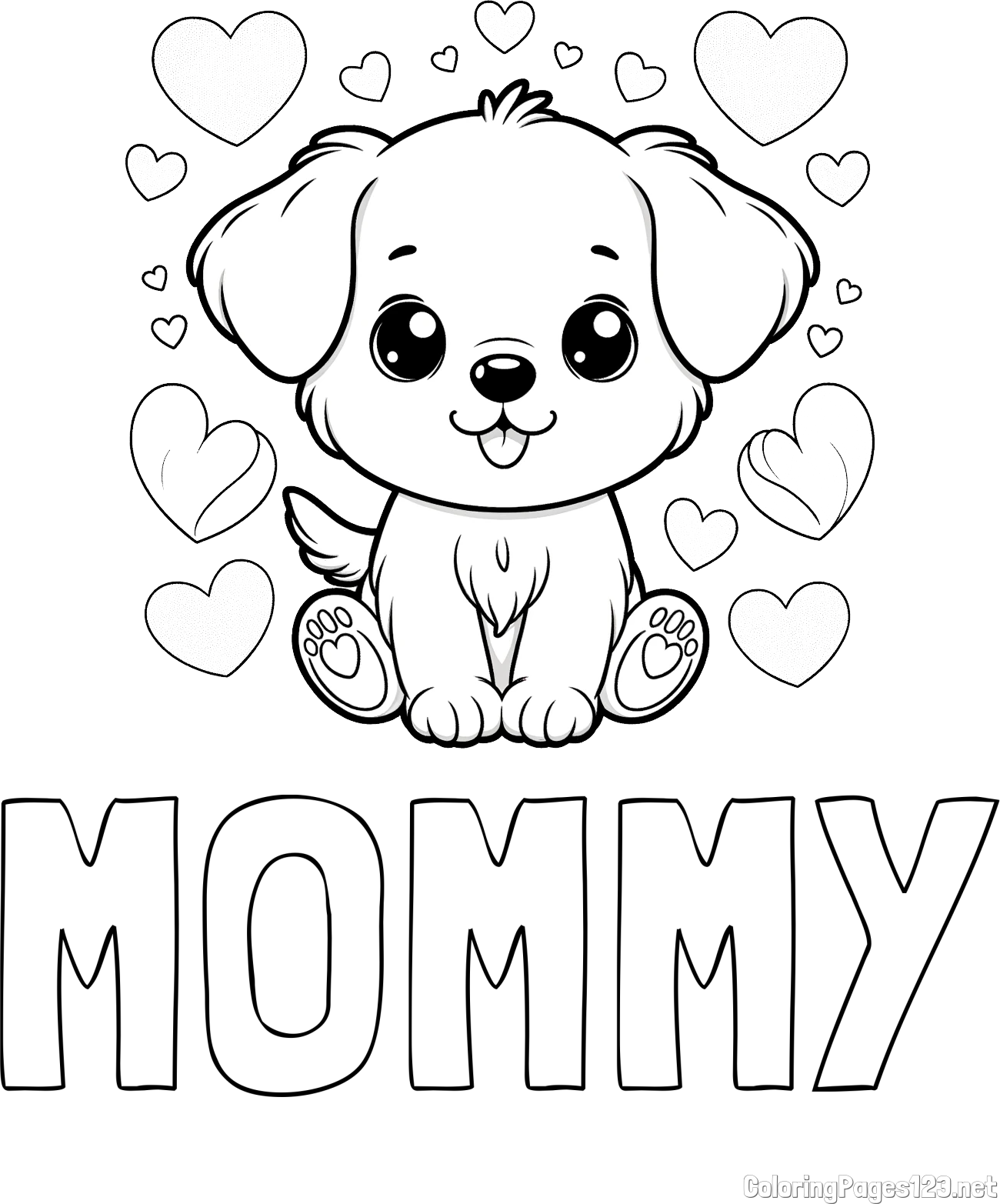 MOMMY Coloring Page and Coloring Page of a Cute Dog and Hearts