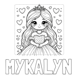 Online Created Coloring Page - MYKALYN Coloring Page and Coloring Page of a Princess Surrounded by Hearts