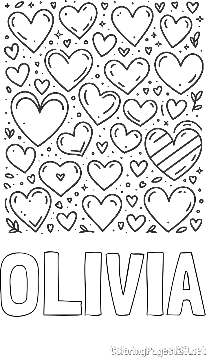 OLIVIA Coloring Page and Children's Coloring Page of Many Hearts