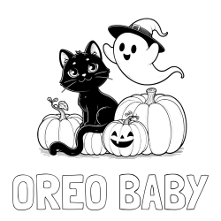 Online Created Coloring Page - OREO BABY Coloring Page and Halloween Pumpkin Coloring Page for Kids - Happy Cat, Ghost, and Pumpkins