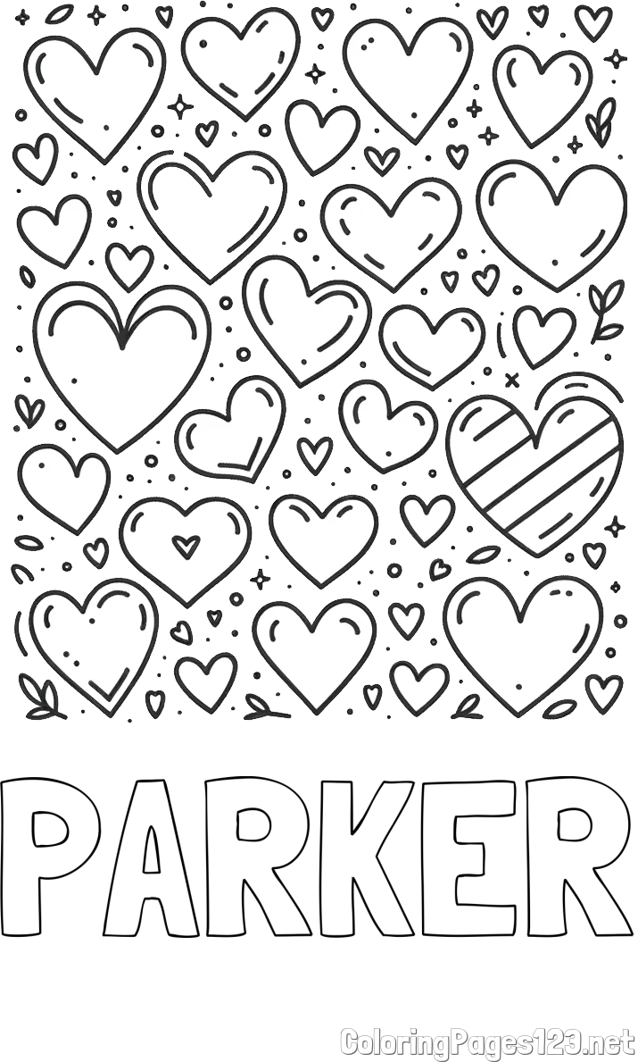 PARKER Coloring Page and Children's Coloring Page of Many Hearts