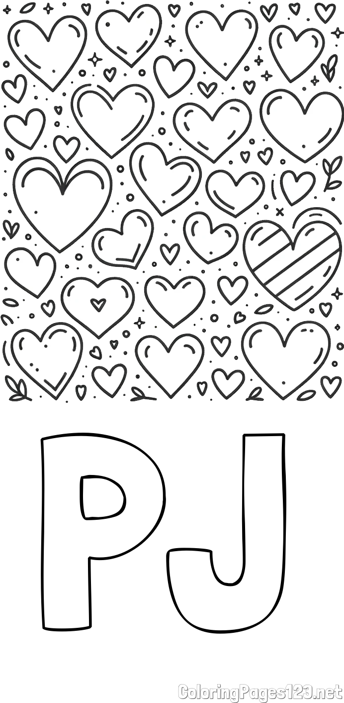 PJ Coloring Page and Children's Coloring Page of Many Hearts