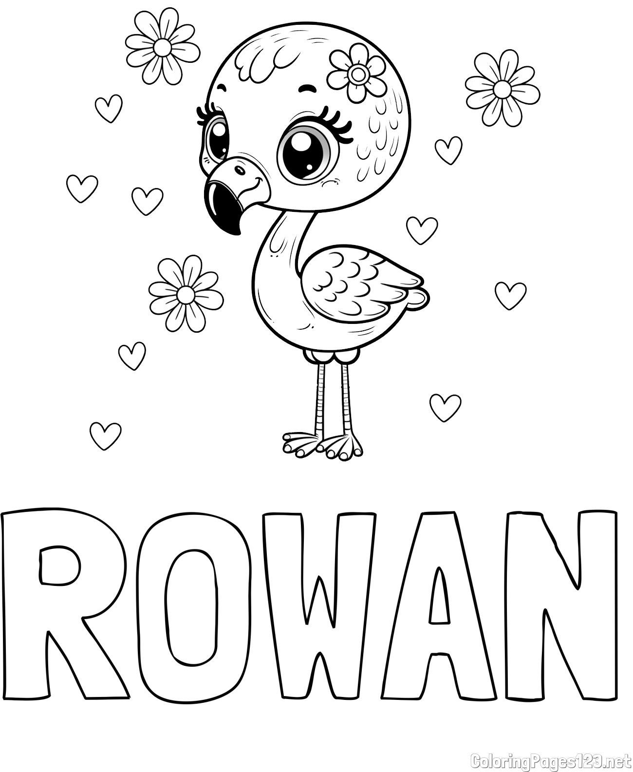 ROWAN Coloring Page and Coloring Page of a Cute Flamingo with Flowers