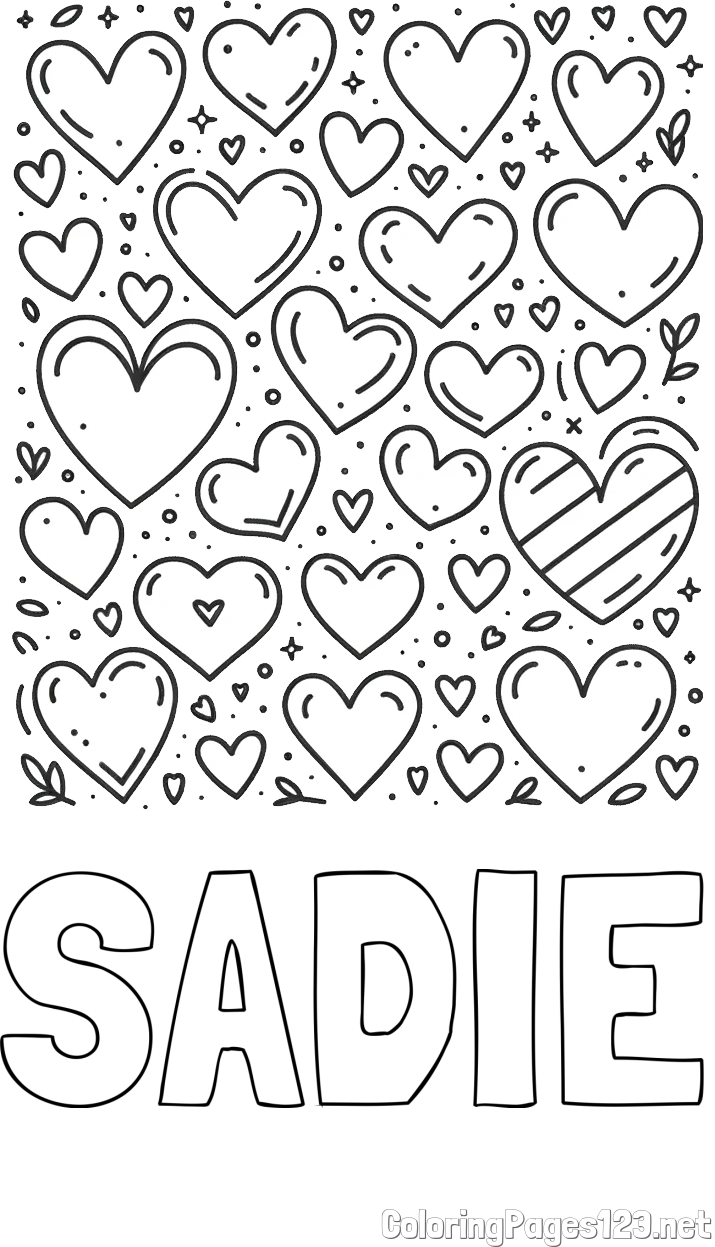 SADIE Coloring Page and Children's Coloring Page of Many Hearts