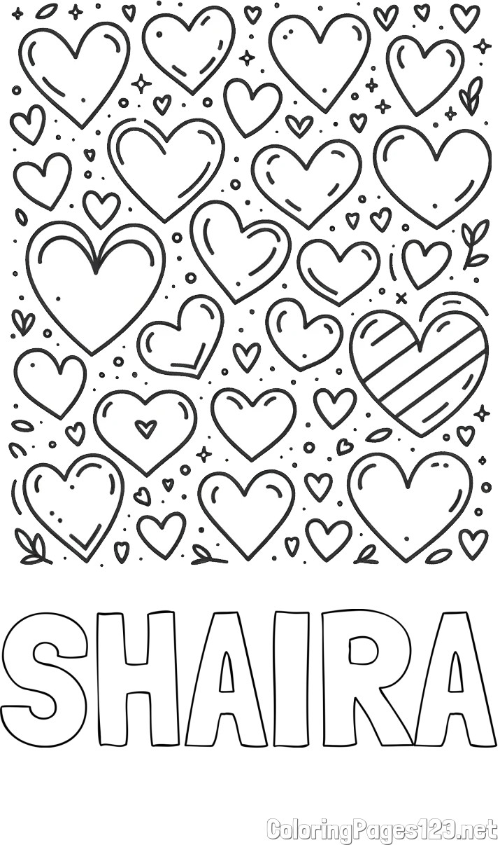 SHAIRA Coloring Page and Children's Coloring Page of Many Hearts