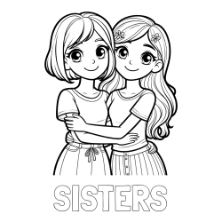 SISTERS Coloring Page and Coloring Page of Two Cute Girls Hugging Each Other (Best Friends Forever)