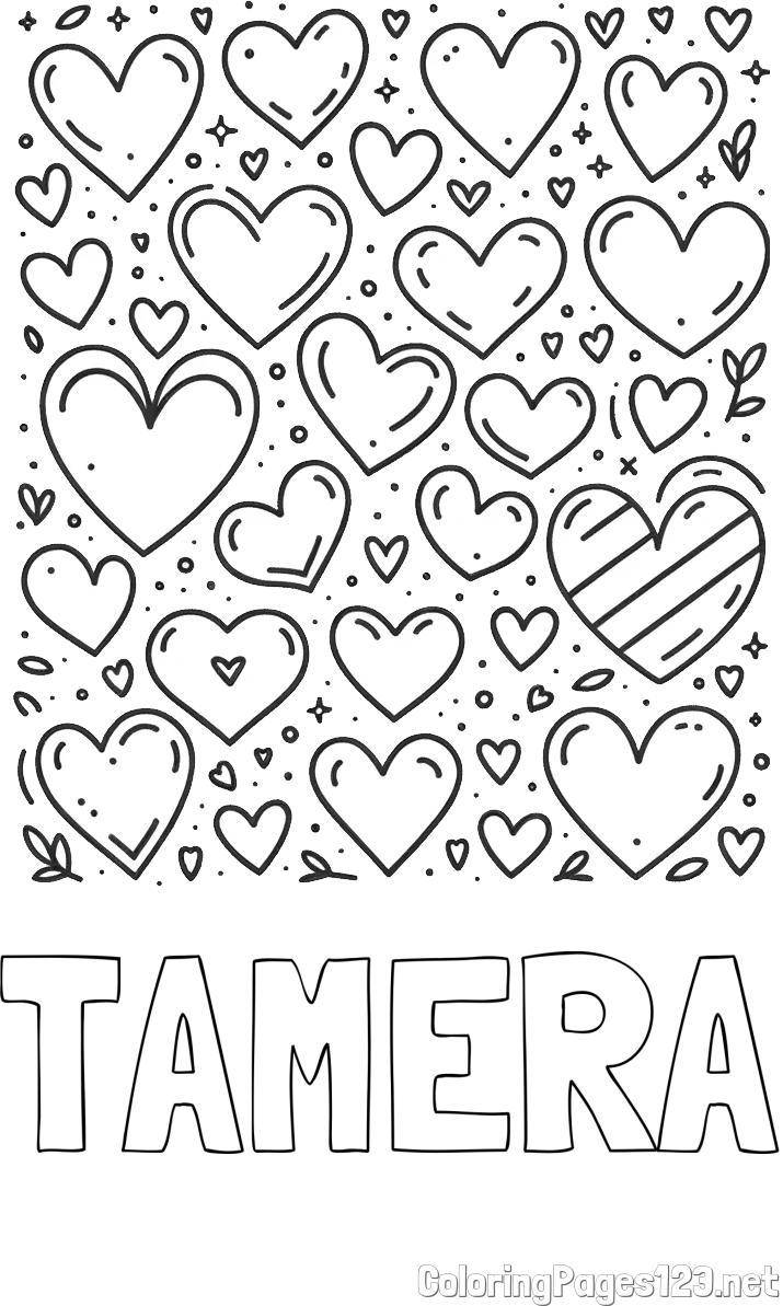 TAMERA Coloring Page and Children's Coloring Page of Many Hearts