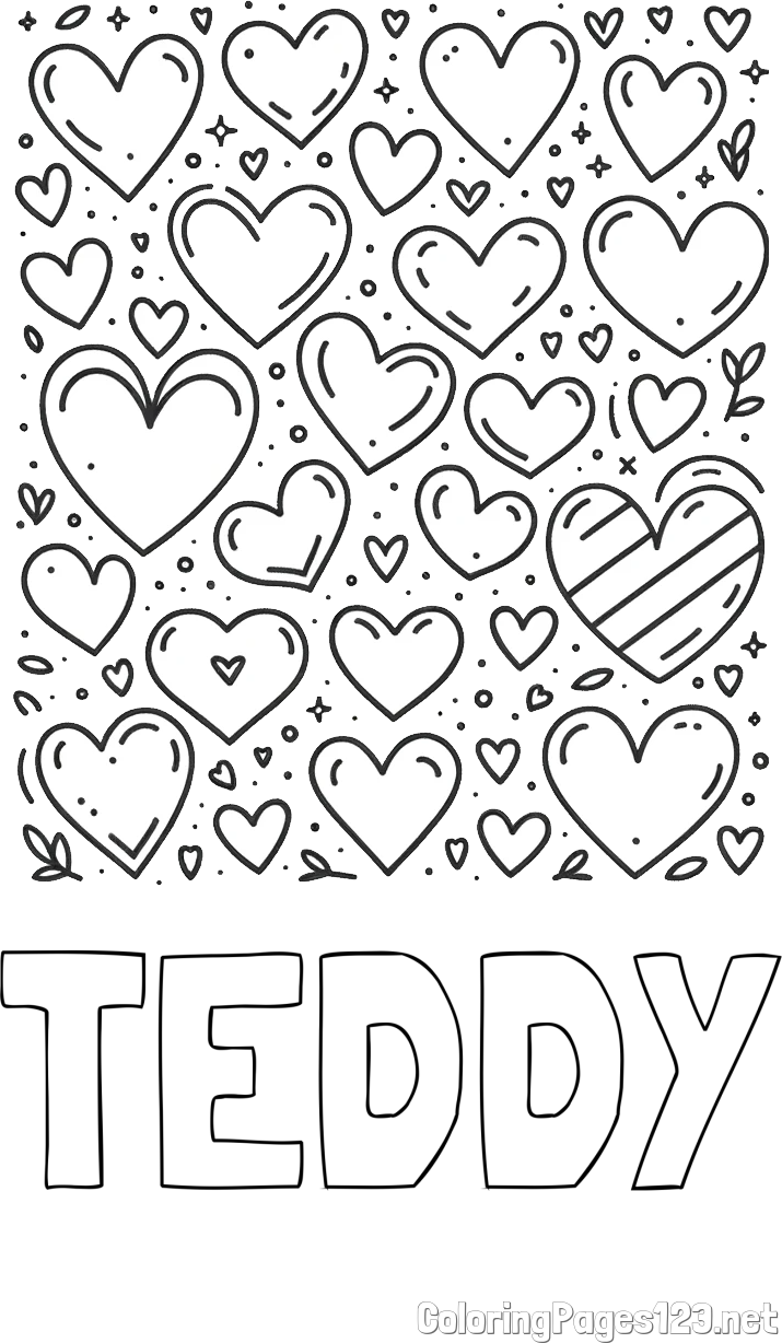 TEDDY Coloring Page and Children's Coloring Page of Many Hearts