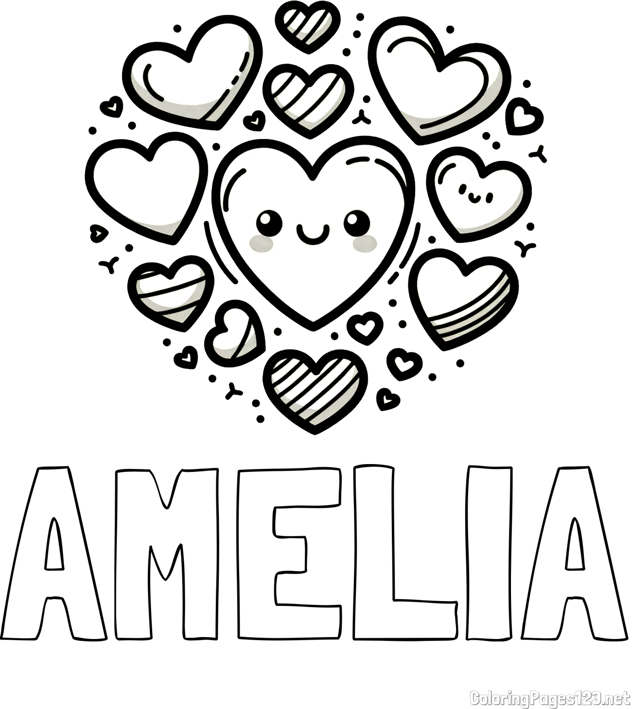 AMELIA Coloring Page and Coloring Page of a Cute Cat Surrounded by Hearts