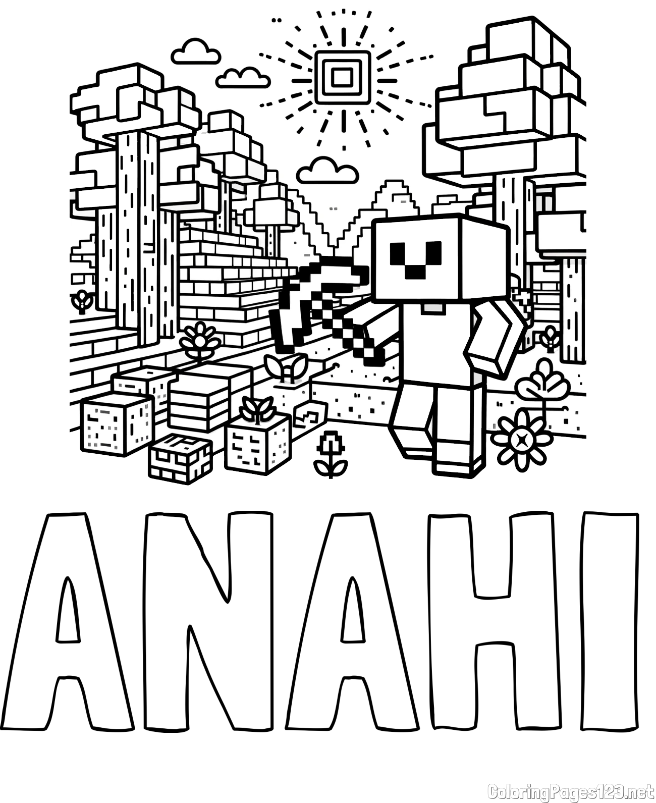 ANAHI Coloring Page and Minecraft World Coloring Page