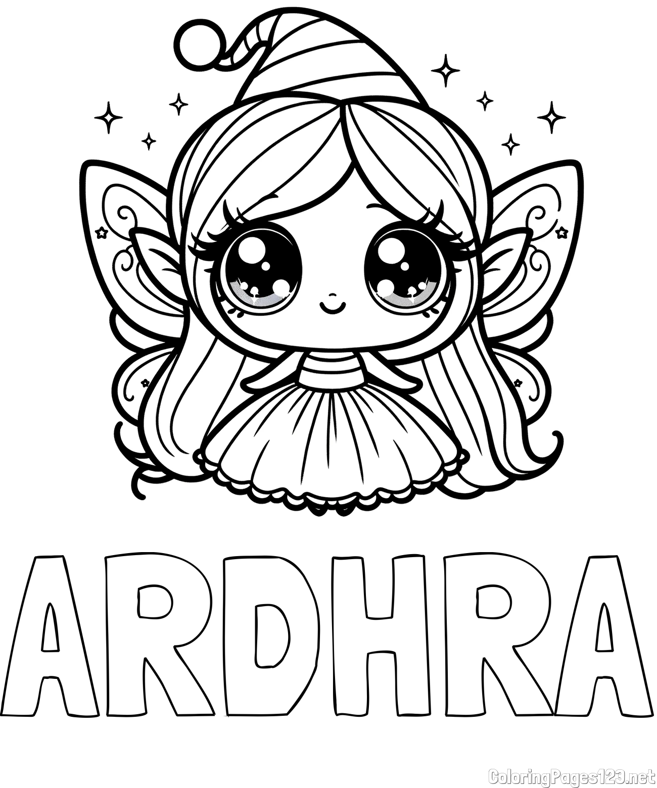 ARDHRA Coloring Page and Coloring Page of a Cute Magical Fairy with Big Eyes
