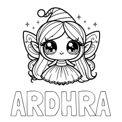 Online Created Coloring Page - ARDHRA Coloring Page and Coloring Page of a Cute Magical Fairy with Big Eyes