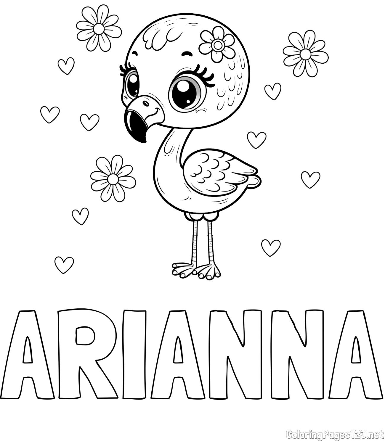 ARIANNA Coloring Page and Coloring Page of a Cute Flamingo with Flowers