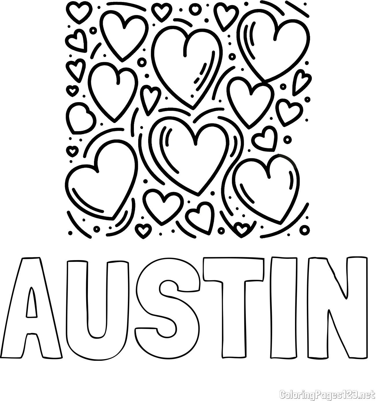 AUSTIN Coloring Page and Free Printable Coloring Page of Hearts