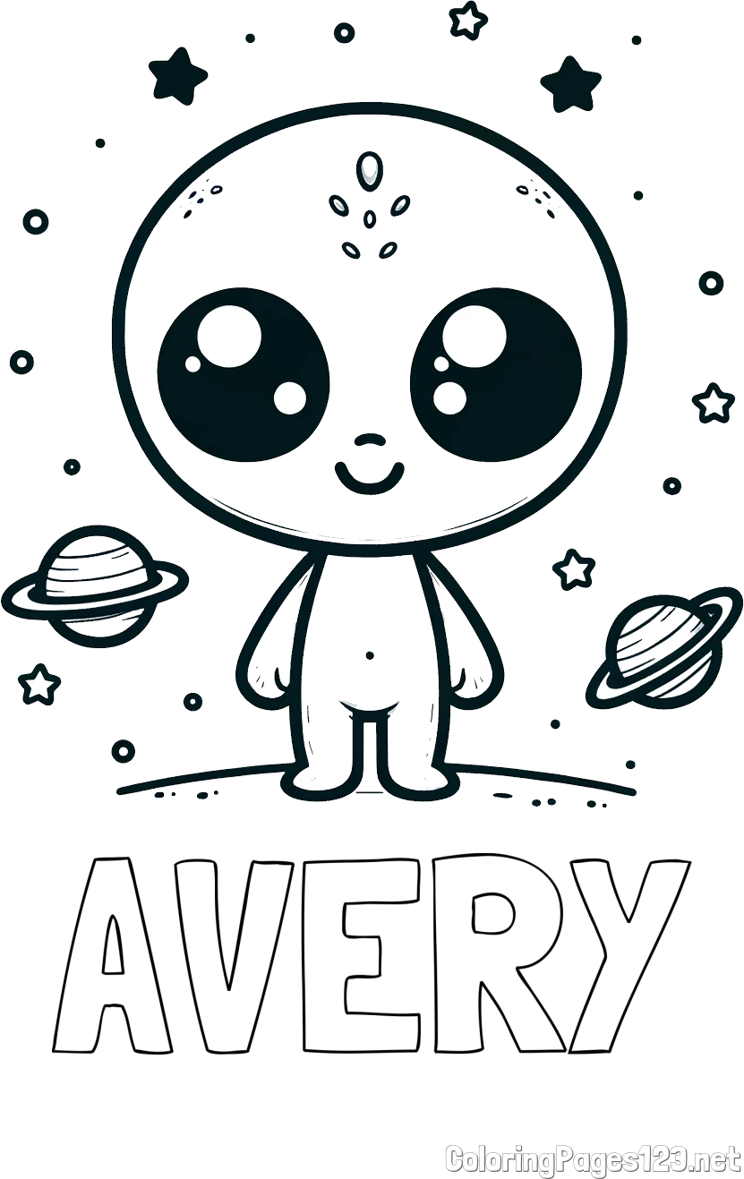 AVERY Coloring Page and Cute Alien Coloring Page - Smiling with Planets and Stars