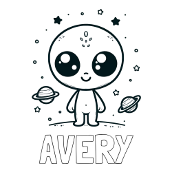Online Created Coloring Page - AVERY Coloring Page and Cute Alien Coloring Page - Smiling with Planets and Stars