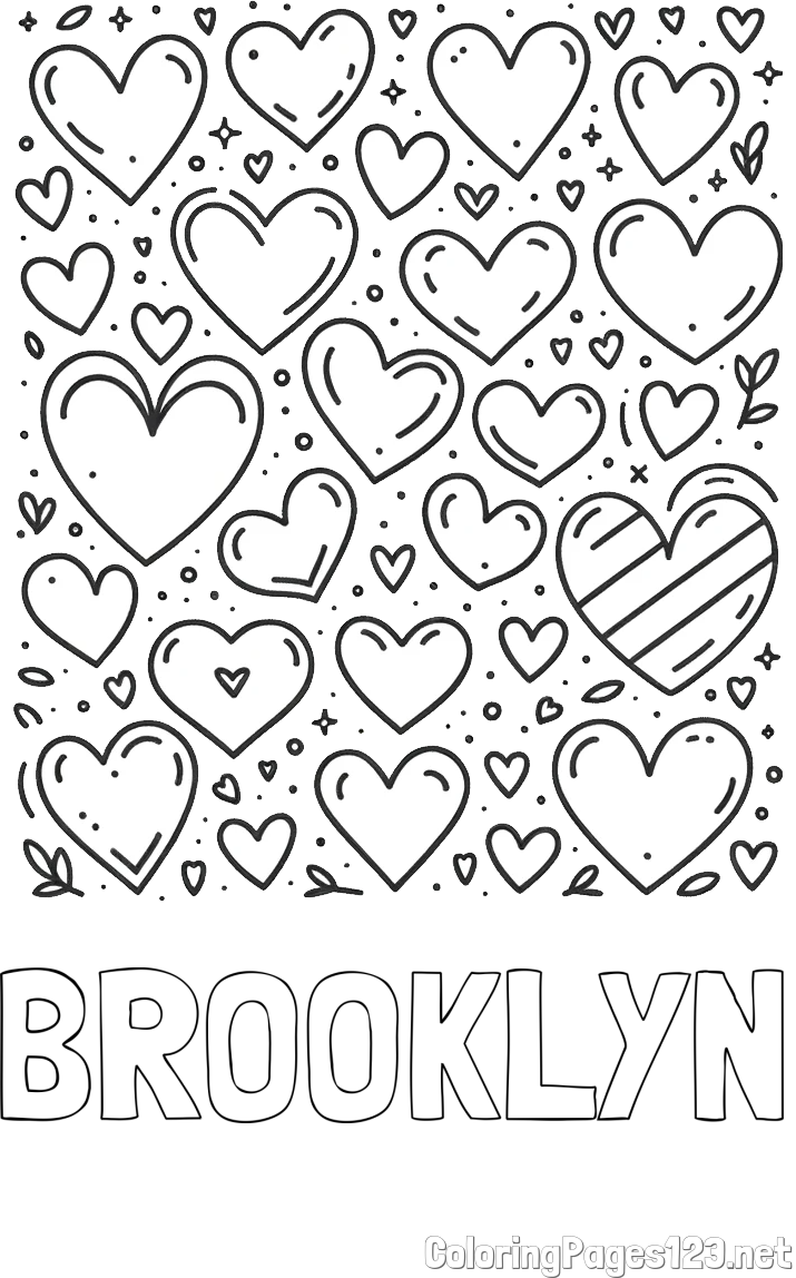 BROOKLYN Coloring Page and Children's Coloring Page of Many Hearts