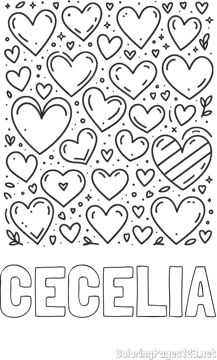 CECELIA Coloring Page and Children's Coloring Page of Many Hearts