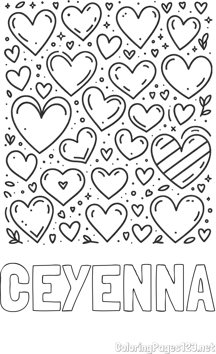 CEYENNA Coloring Page and Children's Coloring Page of Many Hearts
