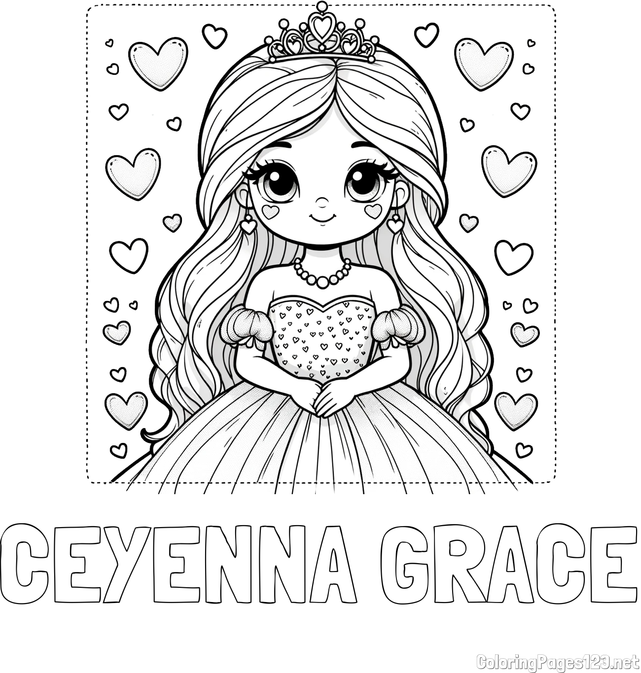 CEYENNA GRACE Coloring Page and Coloring Page of a Princess Surrounded by Hearts
