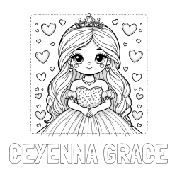 Online Created Coloring Page - CEYENNA GRACE Coloring Page and Coloring Page of a Princess Surrounded by Hearts