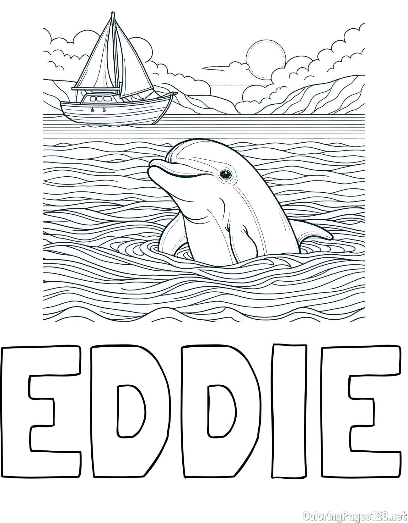 EDDIE Coloring Page and Coloring Page of a Dolphin in the Sea and a Sailboat