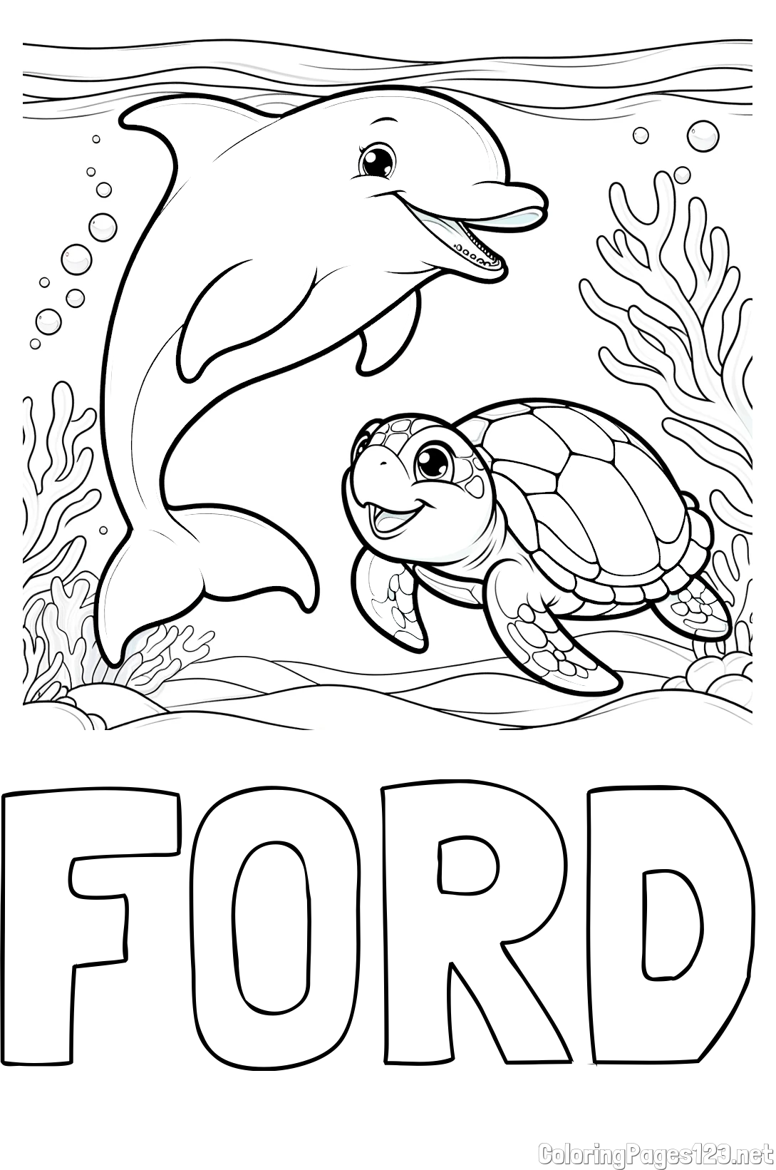 FORD Coloring Page and Coloring Book of a Cute Dolphin with a Turtle in the Sea