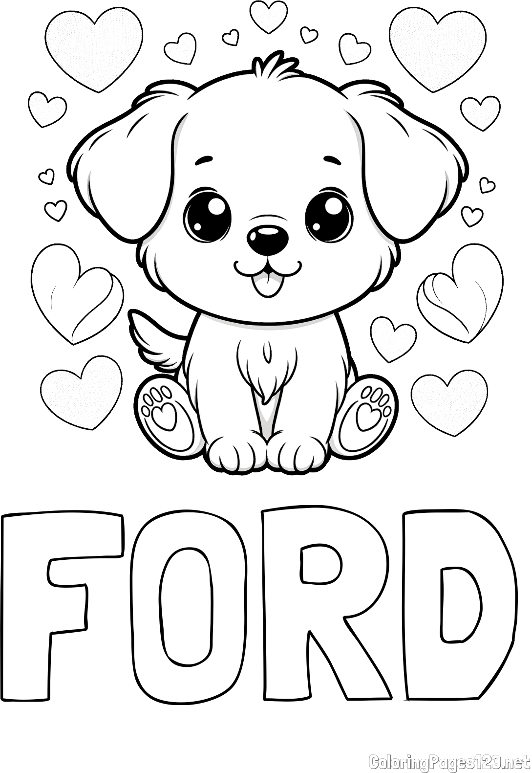 FORD Coloring Page and Coloring Page of a Cute Dog and Hearts