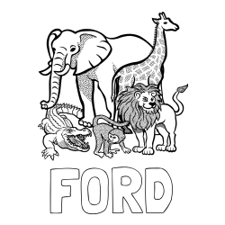 Online Created Coloring Page - FORD Coloring Page and Zoo Animals Coloring Page - Elephant, Tiger, Monkey, and Crocodile