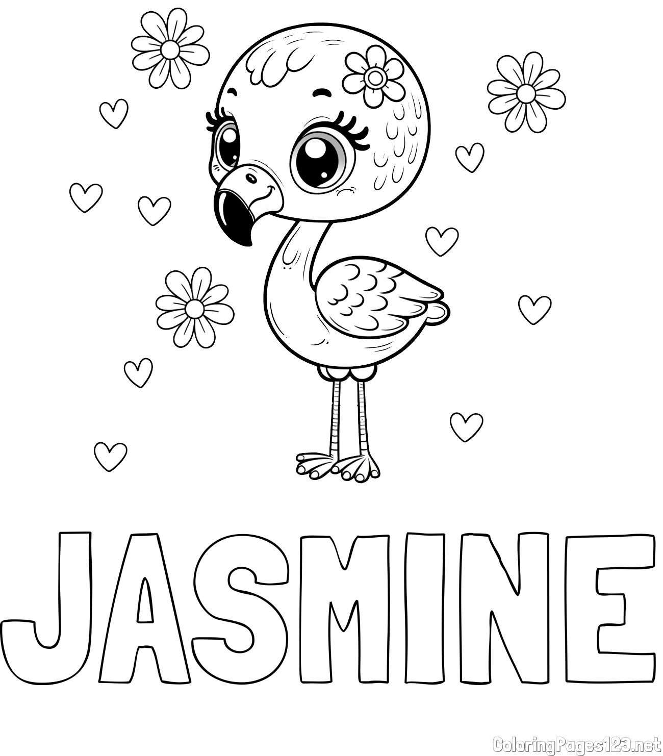 JASMINE Coloring Page and Coloring Page of a Cute Flamingo with Flowers