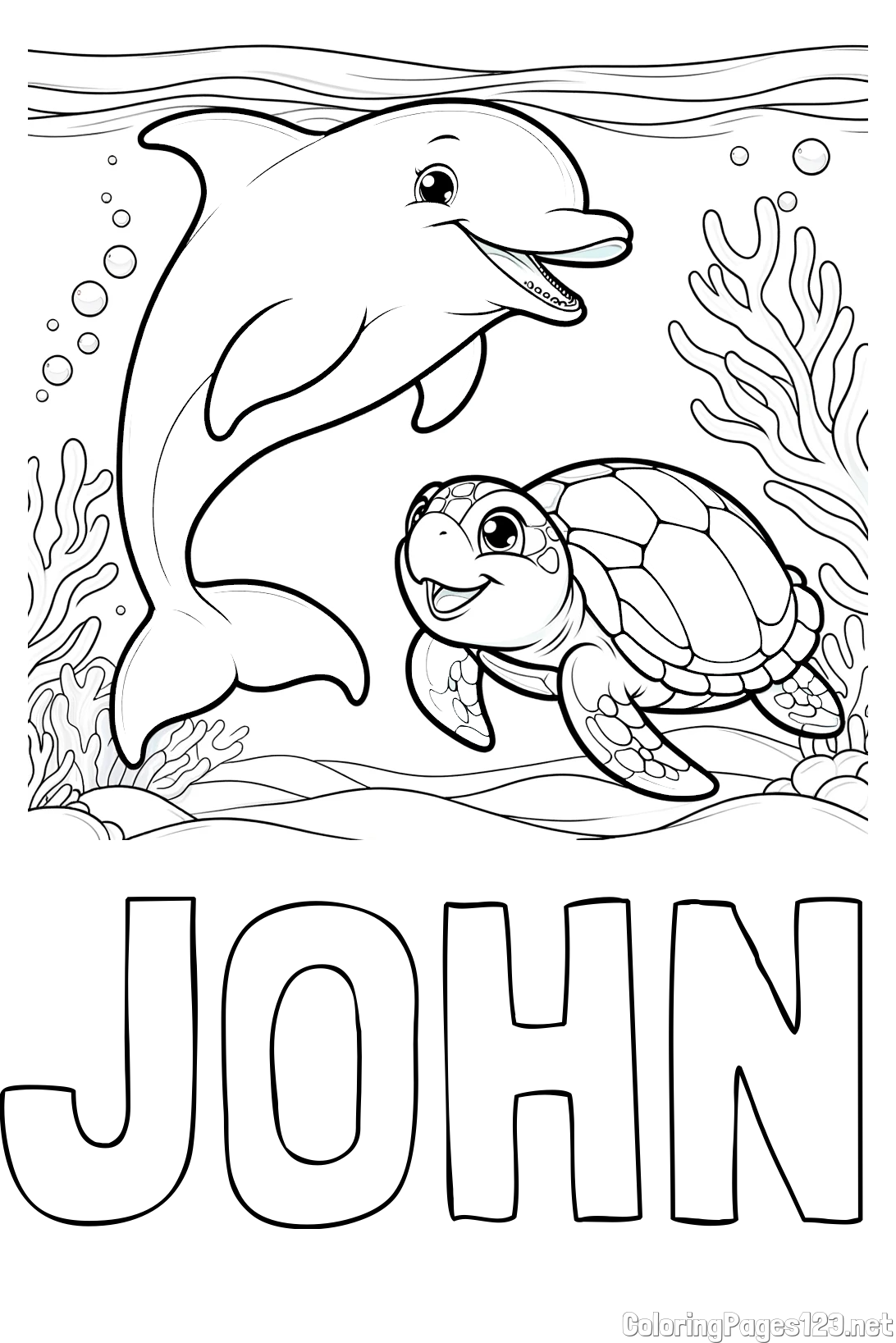 JOHN Coloring Page and Coloring Book of a Cute Dolphin with a Turtle in the Sea