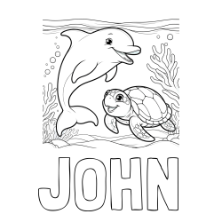 Online Created Coloring Page - JOHN Coloring Page and Coloring Book of a Cute Dolphin with a Turtle in the Sea
