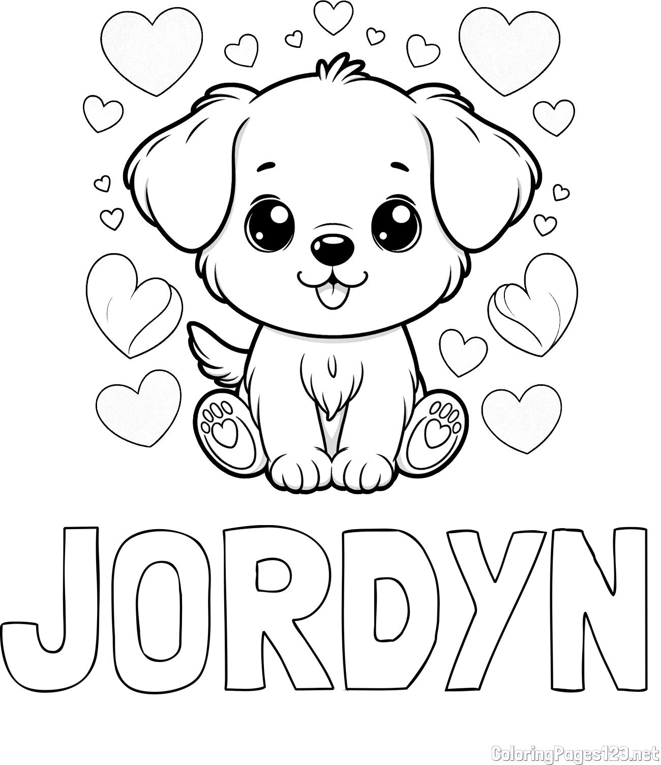 JORDYN Coloring Page and Coloring Page of a Cute Dog and Hearts