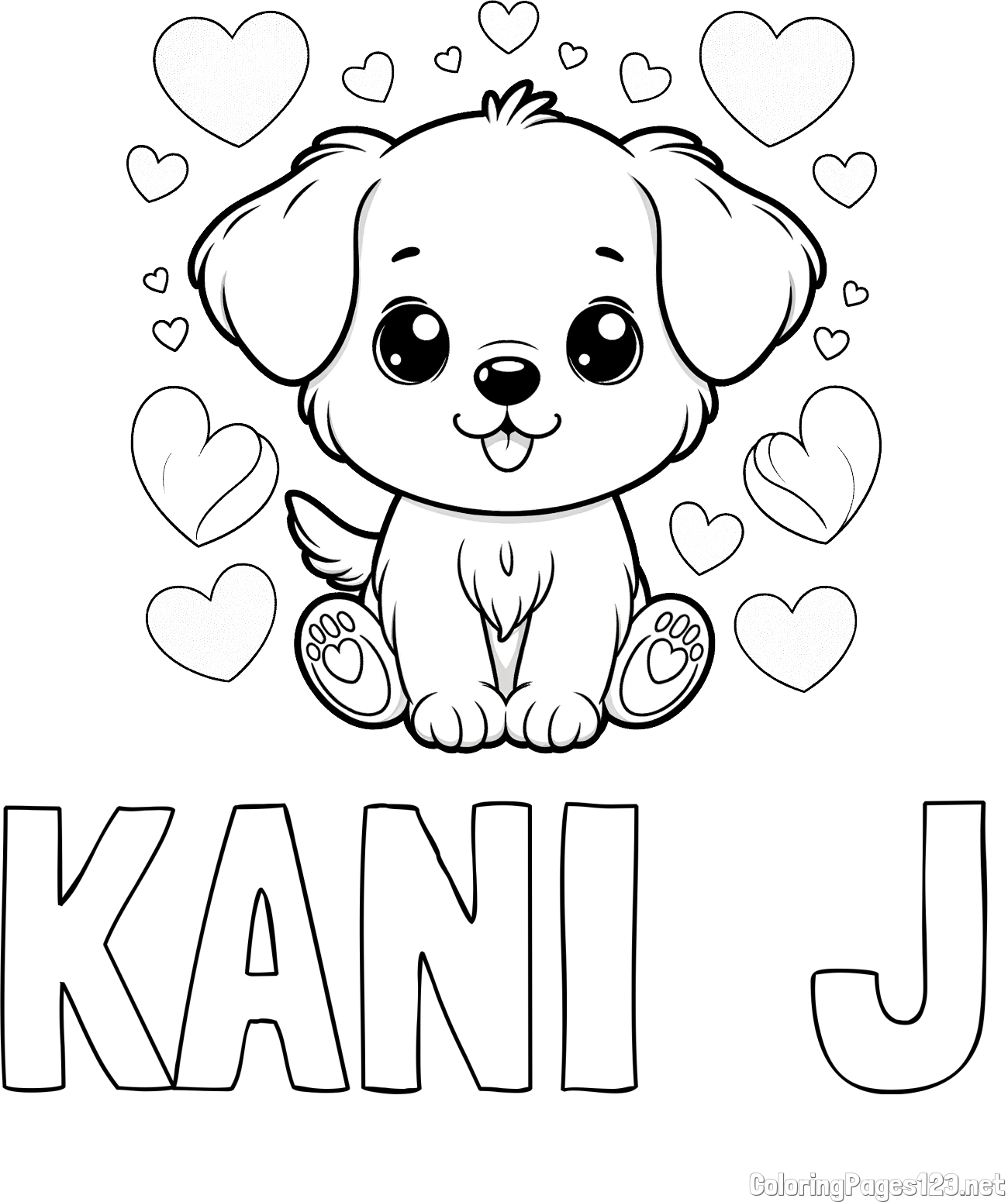 KANI  J Coloring Page and Coloring Page of a Cute Dog and Hearts