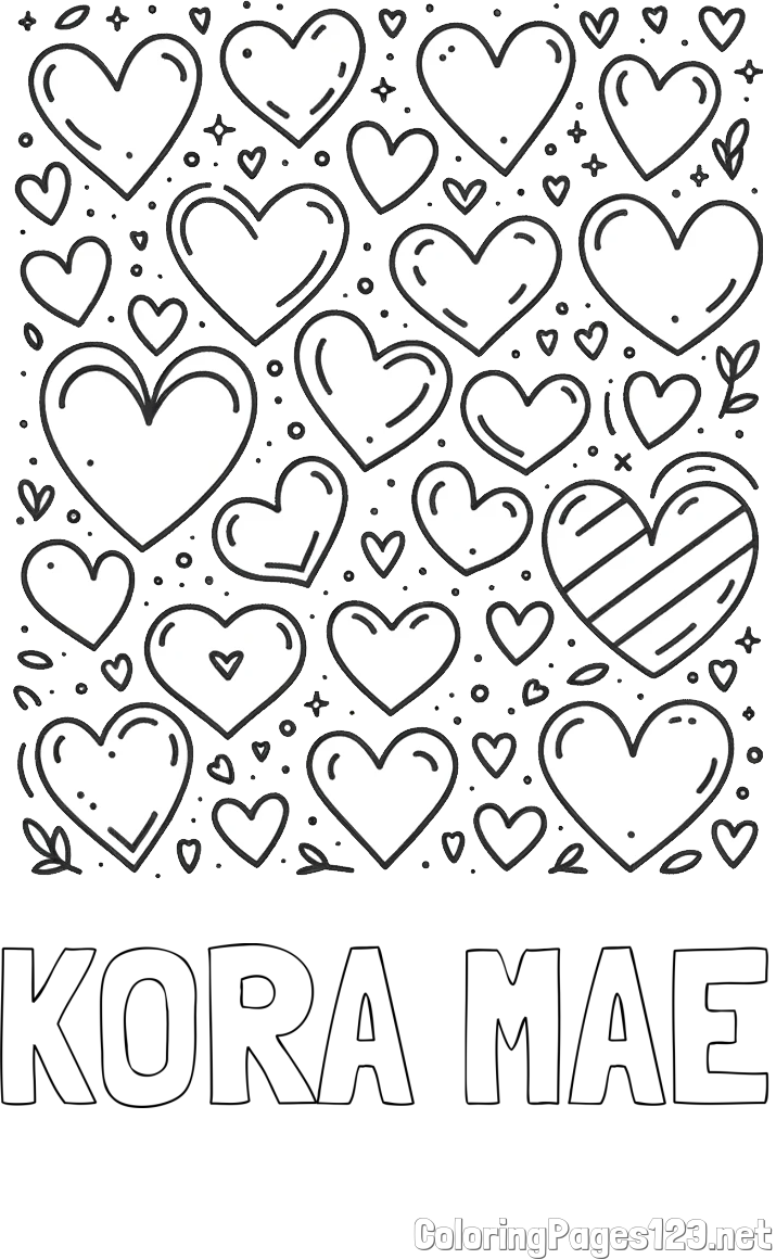 KORA MAE Coloring Page and Children's Coloring Page of Many Hearts