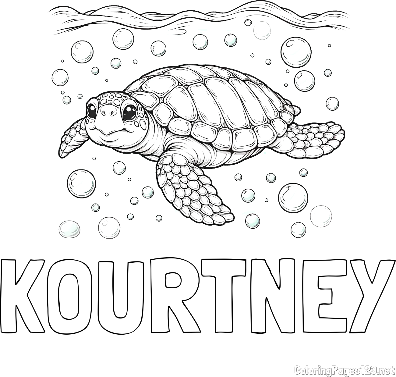 KOURTNEY Coloring Page and Coloring Page of a Sea Turtle Swimming in the Ocean