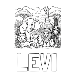 Online Created Coloring Page - LEVI Coloring Page and Beautiful Animal Coloring Page - Lion Family, Elephant, Giraffe, and Zebra