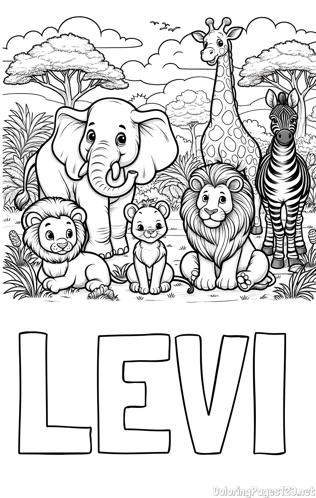 LEVI Coloring Page and Beautiful Animal Coloring Page - Lion Family, Elephant, Giraffe, and Zebra