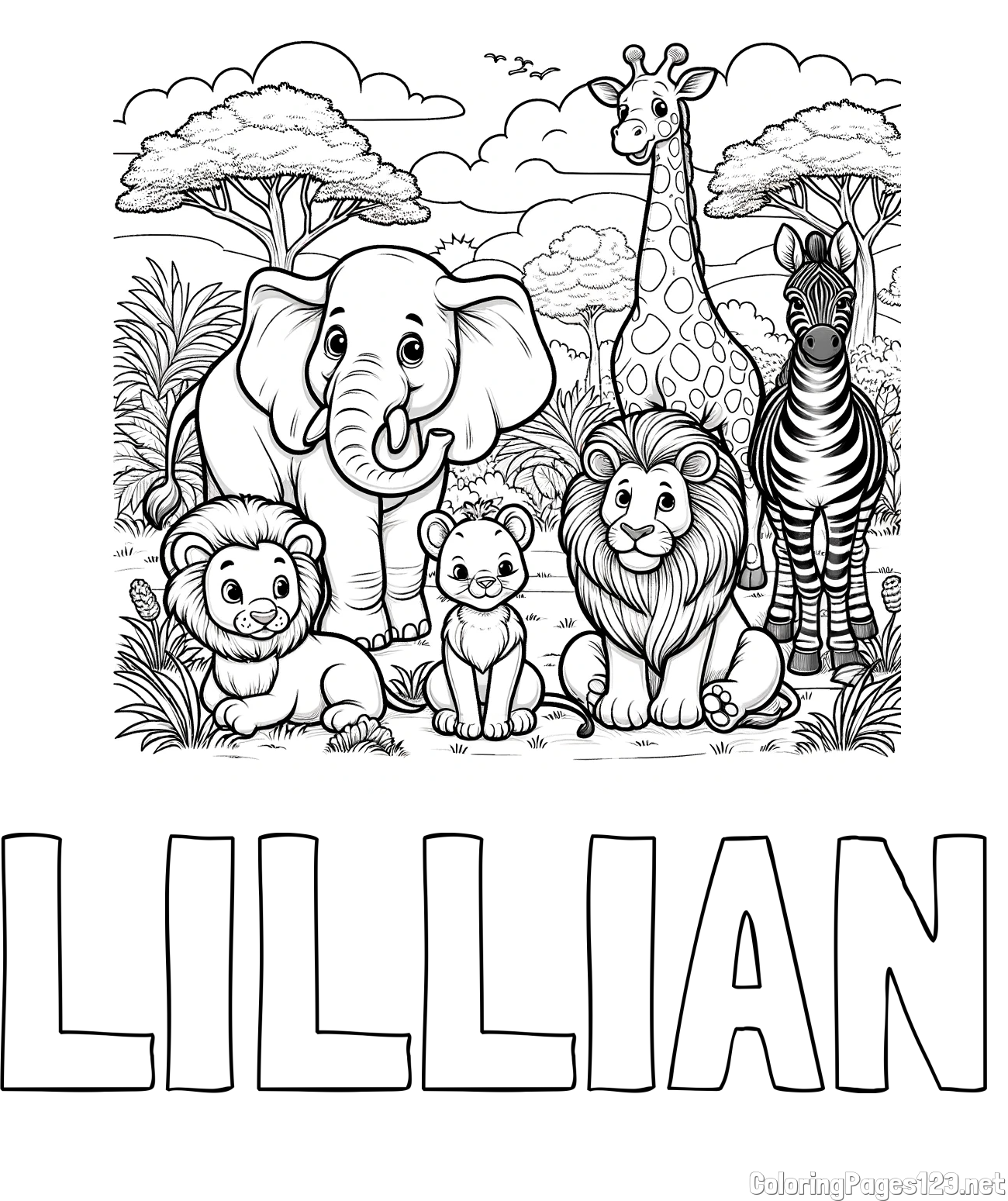 LILLIAN Coloring Page and Beautiful Animal Coloring Page - Lion Family, Elephant, Giraffe, and Zebra