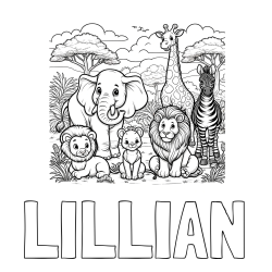 Online Created Coloring Page - LILLIAN Coloring Page and Beautiful Animal Coloring Page - Lion Family, Elephant, Giraffe, and Zebra