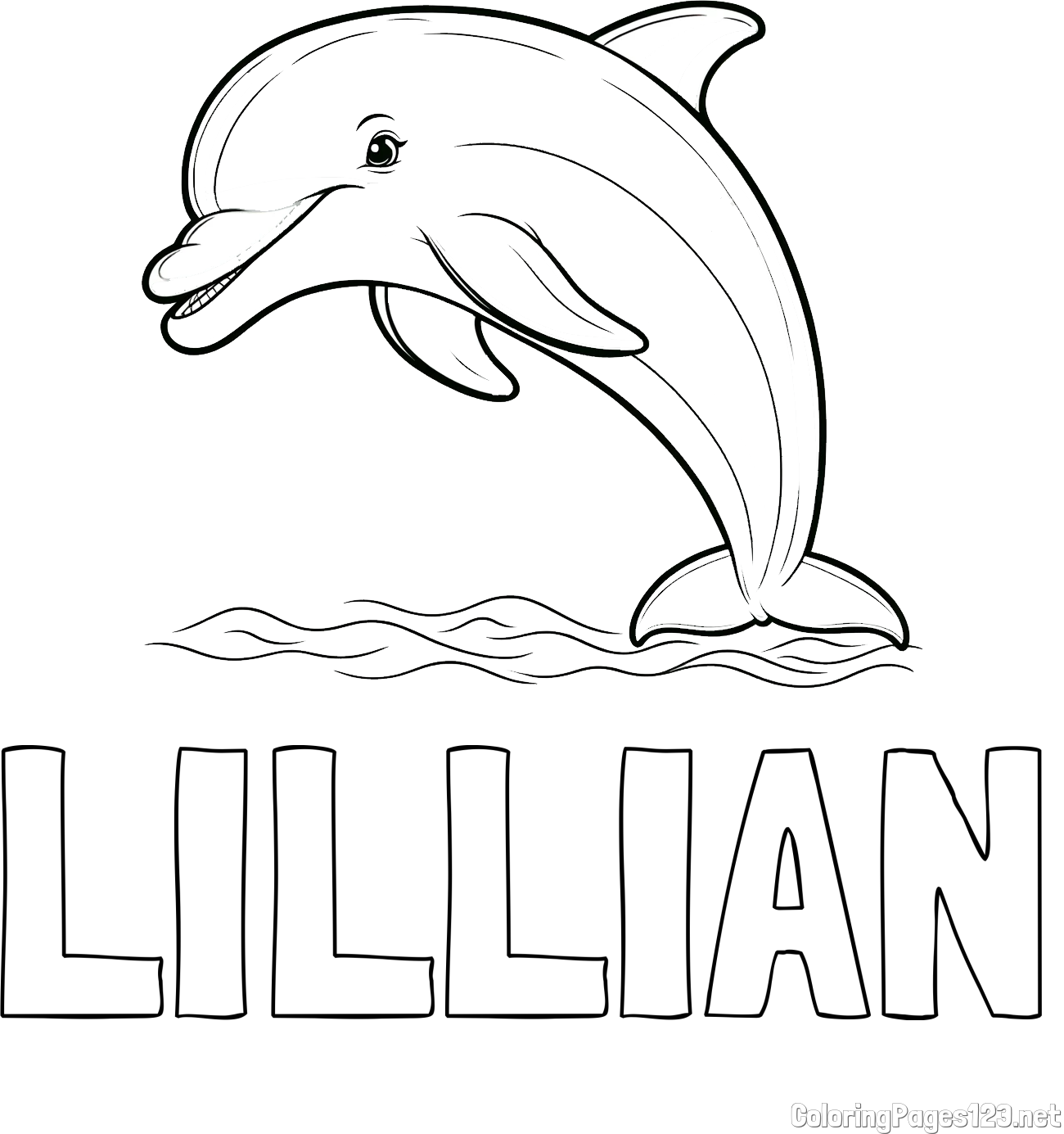 LILLIAN Coloring Page and Children's Coloring Page of a Smiling Dolphin Jumping