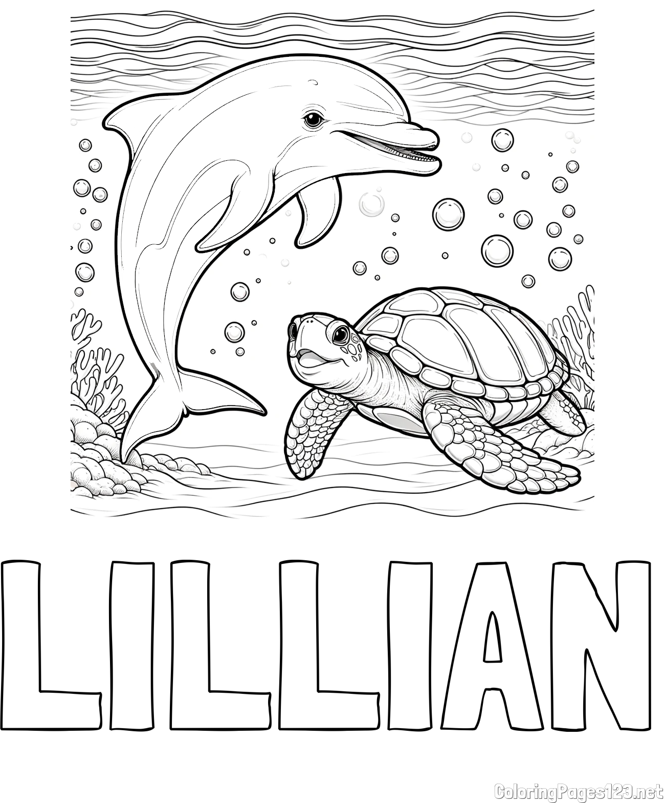 LILLIAN Coloring Page and Coloring Book of a Cute Dolphin and Its Turtle Friend"