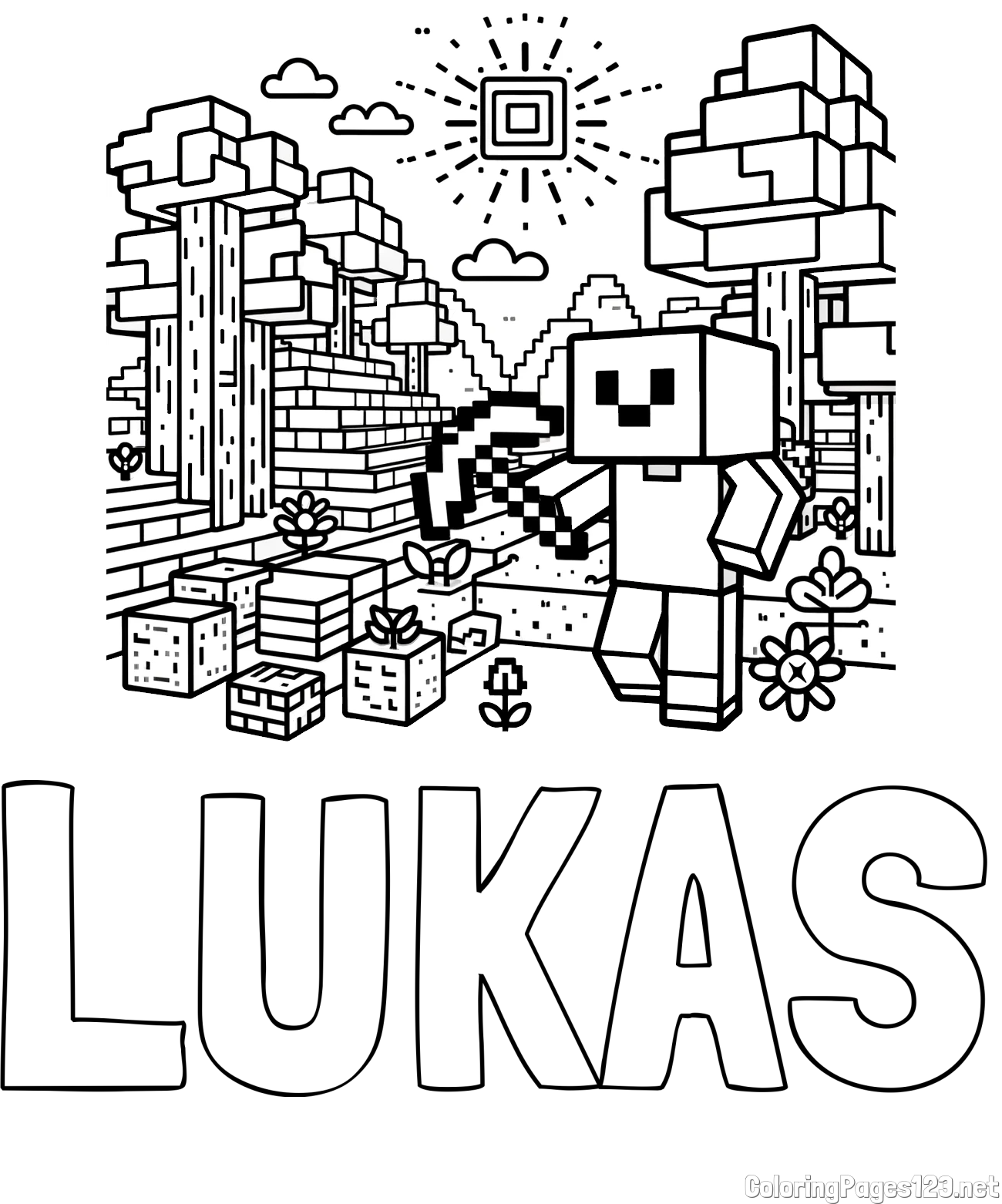 LUKAS Coloring Page and Minecraft World Coloring Page