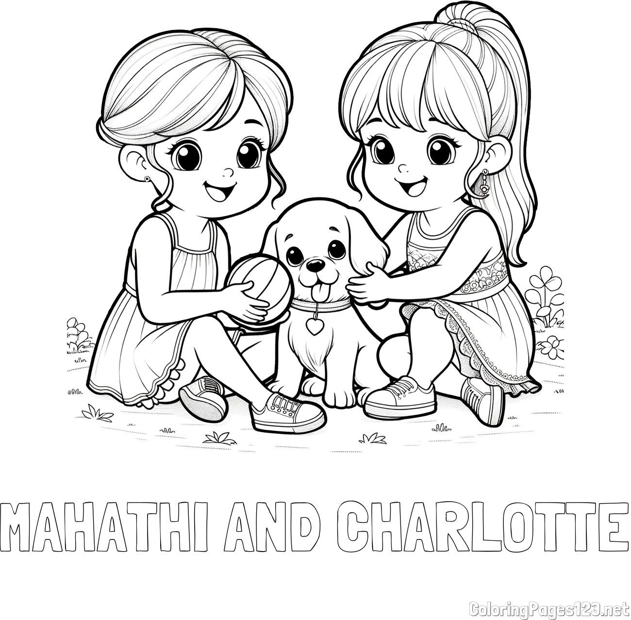 MAHATHI AND CHARLOTTE Coloring Page and Coloring Page of Two Girls with a Dog