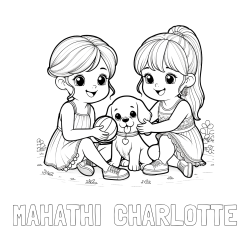 MAHATHI  CHARLOTTE Coloring Page and Coloring Page of Two Girls with a Dog