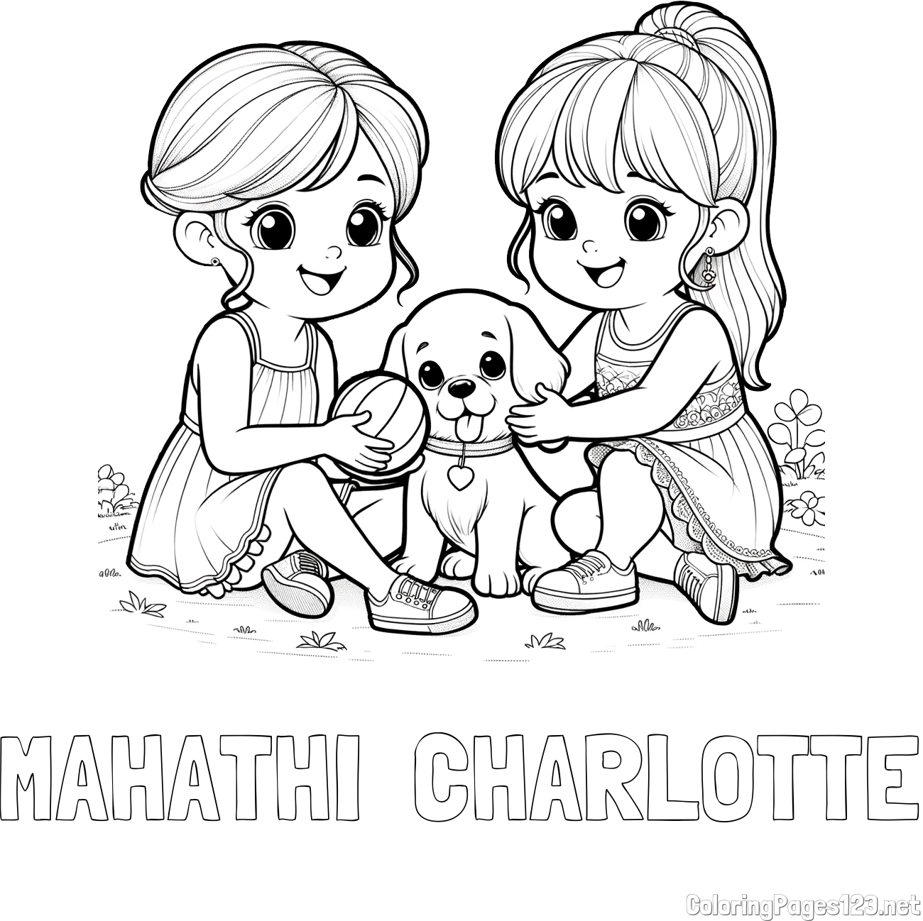 MAHATHI  CHARLOTTE Coloring Page and Coloring Page of Two Girls with a Dog